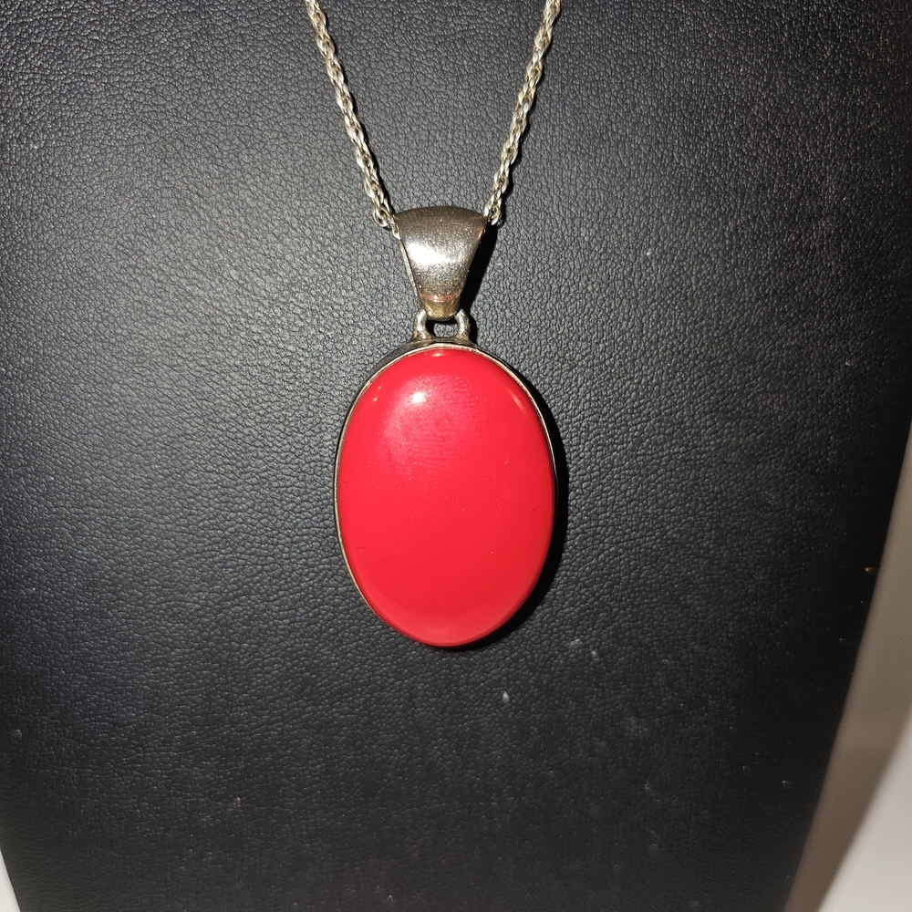 Antique Red Carnelian And Sterling Silver Pendant Necklace